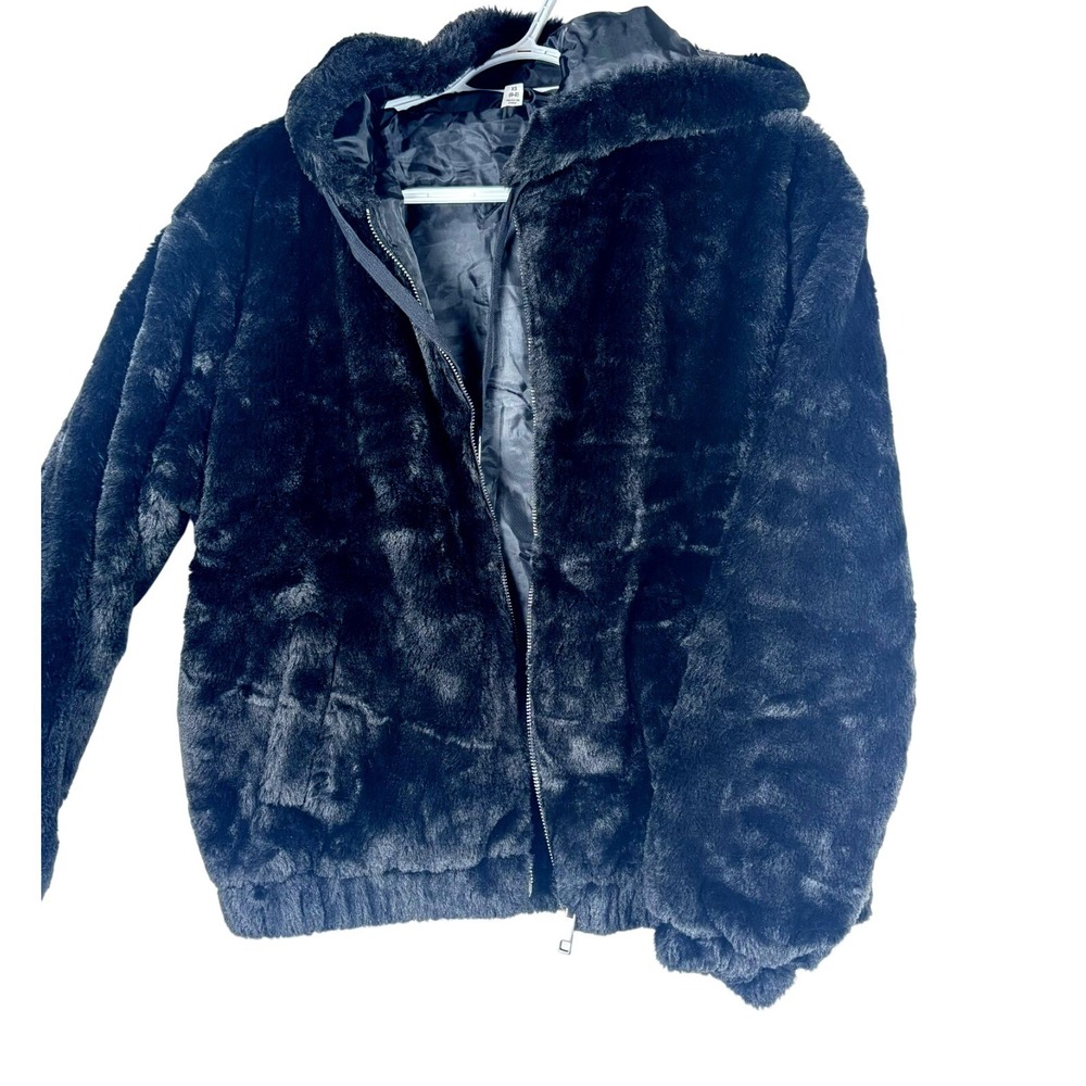 Faux Fur Hooded Bomber Jacket Size XS Black clubwear Night life Baddie Mob Wife